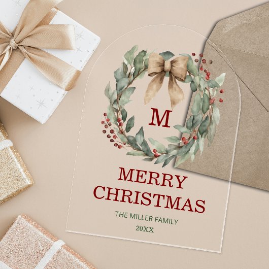 Invitations En Acrylique Carte de Noël Joyeuse de couronne d'aquarelle Mono