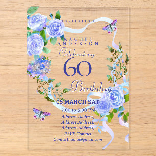 Invitations En Acrylique Carte d'invitation 60 ans Ruban Rose Bleu