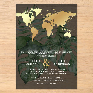 Invitations En Acrylique Carte du monde de destination tropicale en or fonc