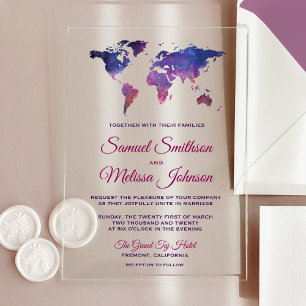 Invitations En Acrylique Carte du monde de l'espace de galaxie Mariage