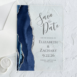 Invitations En Acrylique Carte moderne de sauvegarde de date en agate bleu 
