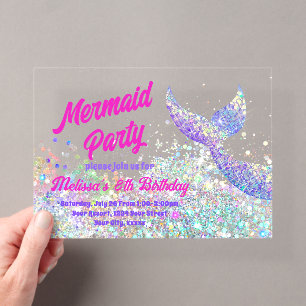 Invitations En Acrylique Carton d'invitation d'anniversaire de sirène paill