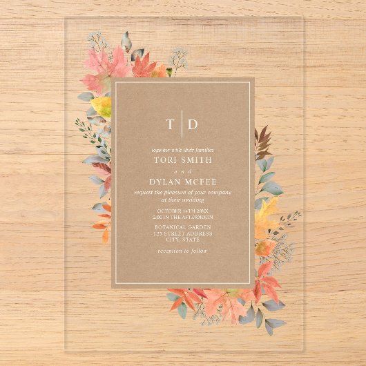 Invitations En Acrylique Carton d'invitation de mariage d'automne avec feui (Recto)