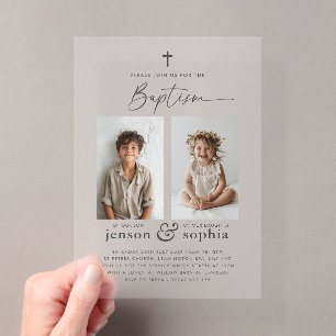 Invitations En Acrylique Carton d'invitation pour double baptême avec 2 pho