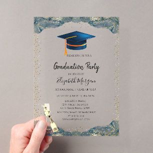 Invitations En Acrylique Casquette de remise de diplôme bleue, confettis de