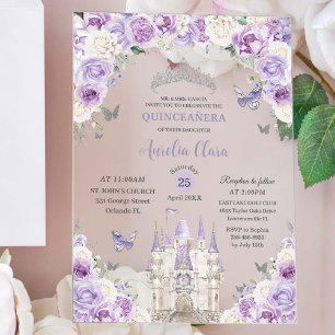 Invitations En Acrylique Castle Princess Floral blanc violet Quinceañera XV