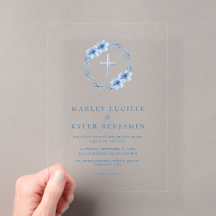 Invitations En Acrylique Catholic Mariage Minimaliste Croix Florale Bleu Po
