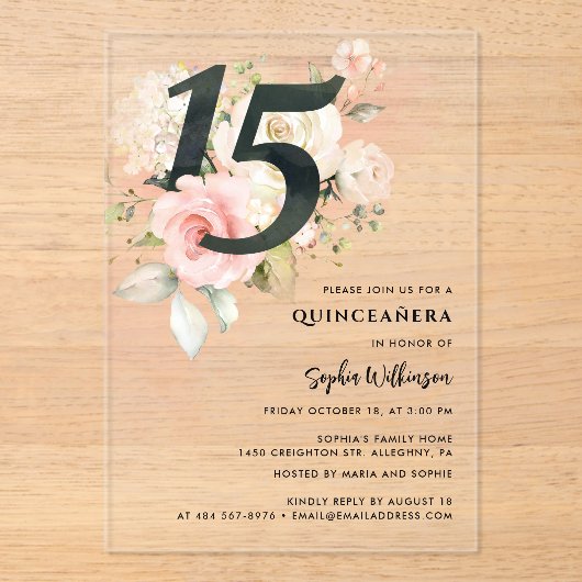Invitations En Acrylique Célébration de la Quinceanera rose (Recto)