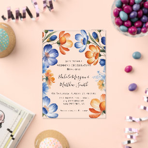 Invitations En Acrylique Célébration de mariage floral bleu cobalt et orang