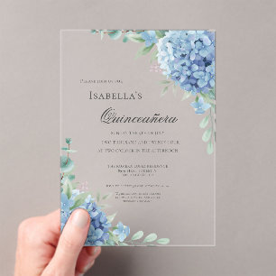 Invitations En Acrylique Célébration de Quinceañera Hydrangea Bleue 15