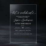 Invitations En Acrylique Célébrons le script minimaliste 30e anniversaire<br><div class="desc">Célébrez avec style les Invitations Acryliques du 30e anniversaire de Let's Celebrate Minimalist Script. Doté d'un design élégant et moderne avec une typographie de script élégante, cette invitation en acrylique transparente dégage de la sophistication. L'esthétique minimaliste est parfaite pour des fêtes d'anniversaire haut de gamme, se mêlant sans effort à...</div>