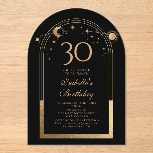 Invitations En Acrylique Céleste Black Gold Sun Moon Stars 30e anniversaire (Recto)