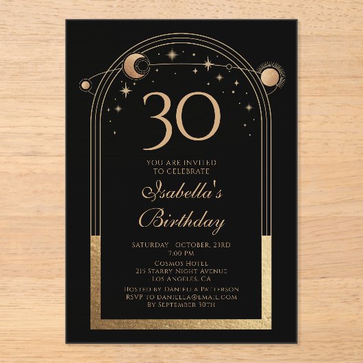 Invitations En Acrylique Céleste Black Gold Sun Moon Stars 30e anniversaire (Recto)