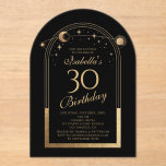 Invitations En Acrylique Céleste Black Gold Sun Moon Stars 30e anniversaire<br><div class="desc">Celestial Black Gold Sun Moon Astronomy 30e anniversaire Acrylique Invitations dispose d'un élégant soleil doré, lune et étoiles avec un cadre doré sur un arrière - plan noir. A l'intérieur, vous avez vos informations d'invitation personnalisées pour le trentième anniversaire. Personnalisez en modifiant le texte dans les zones de texte. Conçu...</div>