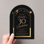 Invitations En Acrylique Céleste Black Gold Sun Moon Stars 30e anniversaire<br><div class="desc">Celestial Black Gold Sun Moon Astronomy 30e anniversaire Acrylique Invitations dispose d'un élégant soleil doré, lune et étoiles avec un cadre doré sur un arrière - plan noir. A l'intérieur, vous avez vos informations d'invitation personnalisées pour le trentième anniversaire. Personnalisez en modifiant le texte dans les zones de texte. Conçu...</div>