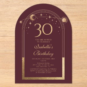 Invitations En Acrylique Céleste Rouge Or Soleil Lune Étoiles 30e Anniversa