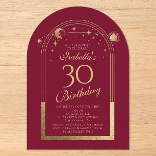 Invitations En Acrylique Céleste Rouge Or Soleil Lune Étoiles 30e Anniversa