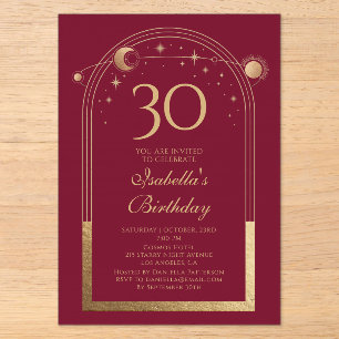 Invitations En Acrylique Céleste Rouge Or Soleil Lune Étoiles 30e Anniversa
