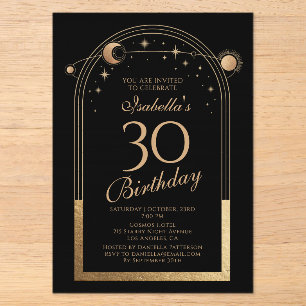 Invitations En Acrylique Céleste Soleil Lune Étoiles Noir Or 30e Anniversai