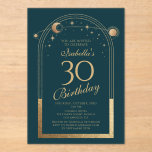 Invitations En Acrylique Celestial Green Gold Sun Moon Stars 30e anniversai<br><div class="desc">Celestial Green Gold Sun Moon Astronomy 30e anniversaire Acrylique Invitations dispose d'un élégant soleil doré, lune et étoiles avec un cadre doré sur un arrière - plan vert forêt. A l'intérieur, vous avez vos informations d'invitation personnalisées pour le trentième anniversaire. Personnalisez en modifiant le texte dans les zones de texte....</div>
