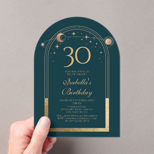 Invitations En Acrylique Celestial Green Gold Sun Moon Stars 30e anniversai (In situ (ordinateur de poche))