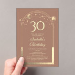 Invitations En Acrylique Celestial Mocha Gold Sun Moon Stars 30e anniversai<br><div class="desc">Celestial Mocha Mousse Gold Sun Moon Astronomy 30th Birthday Acrylique Invitations dispose d'un élégant soleil doré, lune et étoiles avec un cadre doré sur un arrière - plan mocha mousse. A l'intérieur, vous avez vos informations d'invitation personnalisées pour le trentième anniversaire. Personnalisez en modifiant le texte dans les zones de...</div>