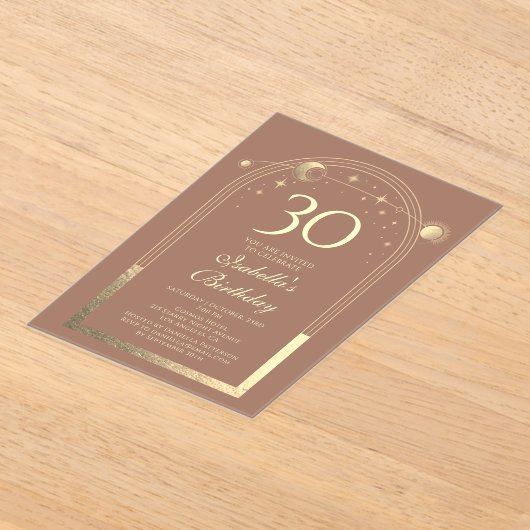 Invitations En Acrylique Celestial Mocha Gold Sun Moon Stars 30e anniversai (Poser)
