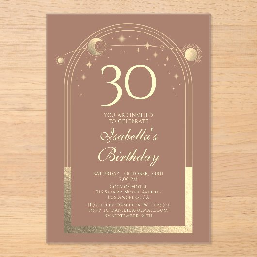 Invitations En Acrylique Celestial Mocha Gold Sun Moon Stars 30e anniversai (Recto)