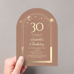 Invitations En Acrylique Celestial Mocha Gold Sun Moon Stars 30e anniversai