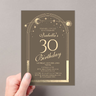 Invitations En Acrylique Celestial Mocha Gold Sun Moon Stars 30e anniversai