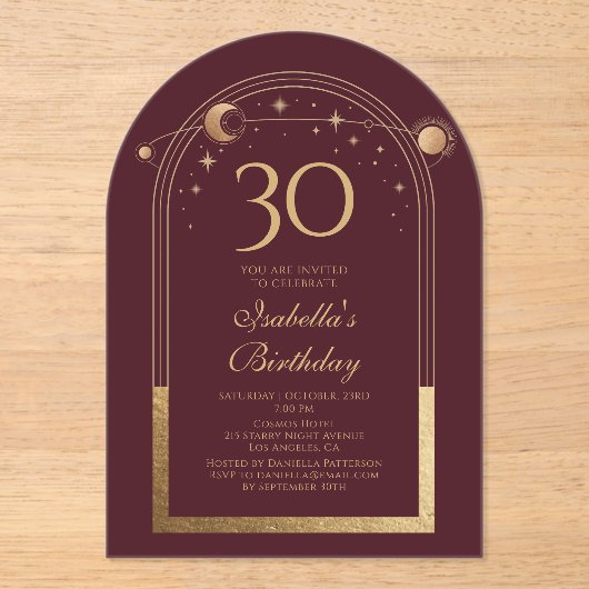 Invitations En Acrylique Celestial Red Gold Sun Moon Stars 30e anniversaire (Recto)