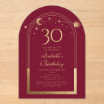Invitations En Acrylique Celestial Red Gold Sun Moon Stars 30e anniversaire<br><div class="desc">Celestial Red Gold Sun Moon Astronomy 30e anniversaire Acrylique Invitations dispose d'un élégant soleil doré, lune et étoiles avec un cadre doré sur un arrière - plan rouge. A l'intérieur, vous avez vos informations d'invitation personnalisées pour le trentième anniversaire. Personnalisez en modifiant le texte dans les zones de texte. Conçu...</div>