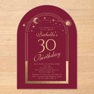 Invitations En Acrylique Celestial Red Gold Sun Moon Stars 30e anniversaire
