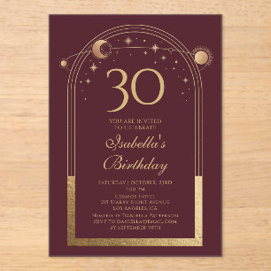 Invitations En Acrylique Celestial Red Gold Sun Moon Stars 30e anniversaire