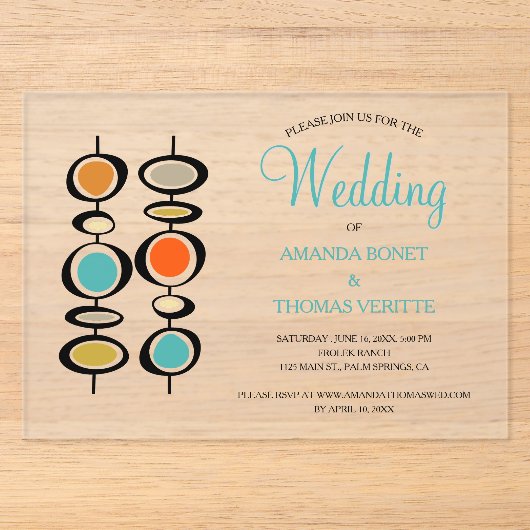 Invitations En Acrylique Cercles Abstraits Funky Mariage Mid-Siècle (Recto)
