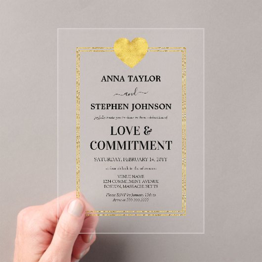 Invitations En Acrylique Cérémonie Lux Gold Heart Love & Engagement (In situ (ordinateur de poche))