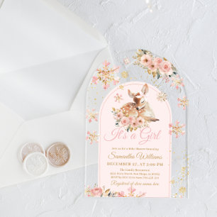 Invitations En Acrylique Cerf d'hiver rose C'est une fille Baby Shower