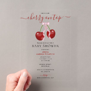 Invitations En Acrylique Cerise Sur Le Dessus Baby Shower Moderne Ruban Ros