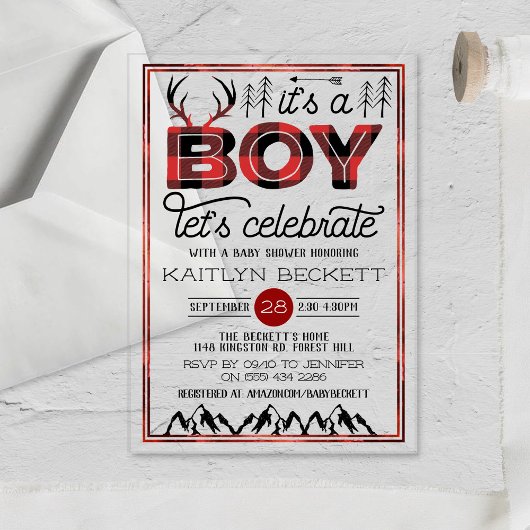 Invitations En Acrylique C'est un garçon ! Baby shower de bûcheron rustique