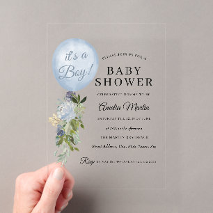 Invitations En Acrylique C'est un garçon Balloon Baby Shower Bleu