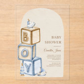 Invitations En Acrylique C'est un garçon Bleu Boho Blocks Et Baby shower de (Recto)