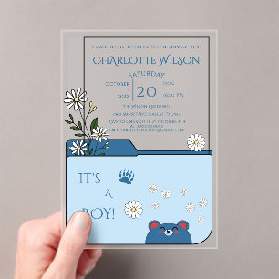Invitations En Acrylique C'est un garçon ! Ourson mignon et fleurs de margu