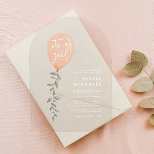 Invitations En Acrylique C'Est Une Fille Eucalyptus Baby shower Balloon Ver