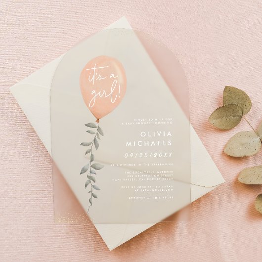 Invitations En Acrylique C'Est Une Fille Eucalyptus Baby shower Balloon Ver