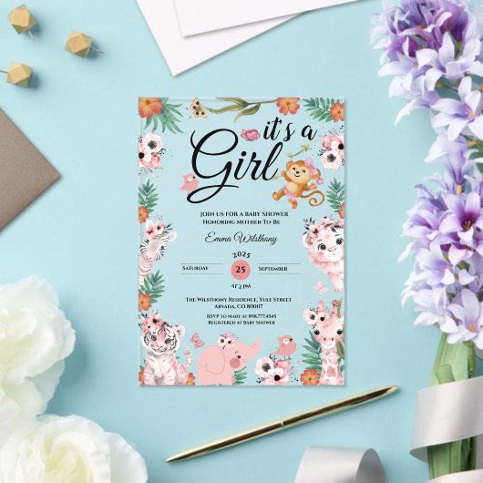 Invitations En Acrylique C'est une fille Safari fille Baby shower rose Jung (Insitu (Mariage))