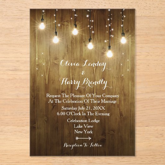 Invitations En Acrylique Chaîne Rustique De Lumières Mariage Acrylique Invi (Recto)