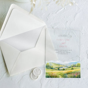 Invitations En Acrylique Champ de fleurs sauvages et montagnes mariage rust