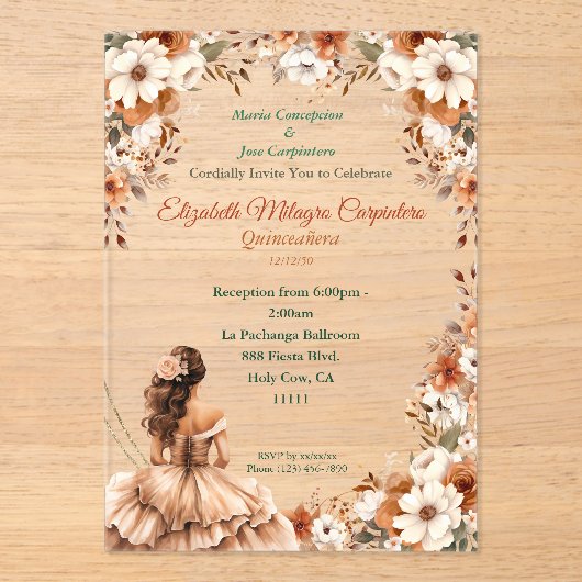 Invitations En Acrylique Champagne Beige Boho Quinceañera (Recto)