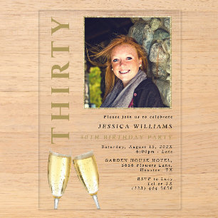 Invitations En Acrylique Champagne élégant pour 30e anniversaire
