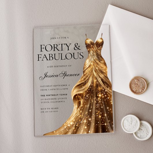 Invitations En Acrylique Champagne Gold Gown Quarante et fabuleux 40e anniv
